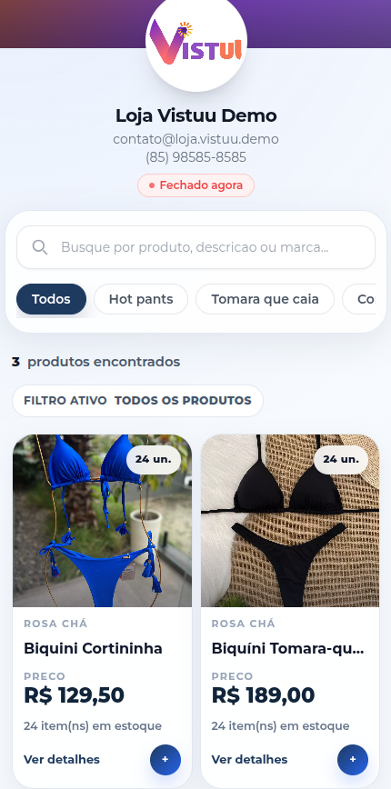 Prévia da página de catálogo da loja no celular